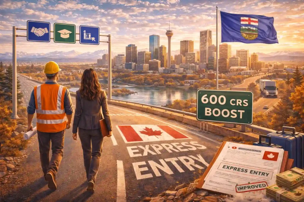 Skilled workers and professionals representing immigration opportunities in Alberta, Canada through Express Entry.
