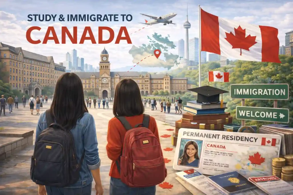 Two students on a Canadian campus holding their study permit cards, representing international education and residency