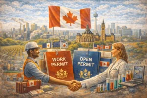 Foreign doctor and engineer representing Canada IMP work visa pathways with Work Permit and Open Work Permit signs