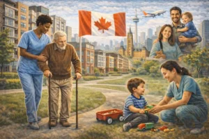 Home caregiver assisting a child and an elderly person in Canada under the caregiver immigration pilot program