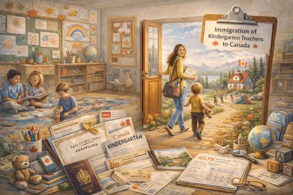 Kindergarten teacher with children and immigration documents for Canada