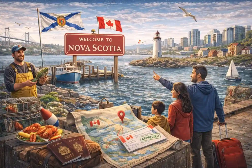 Nova Scotia Provincial Nominee Program immigration concept with family and flag