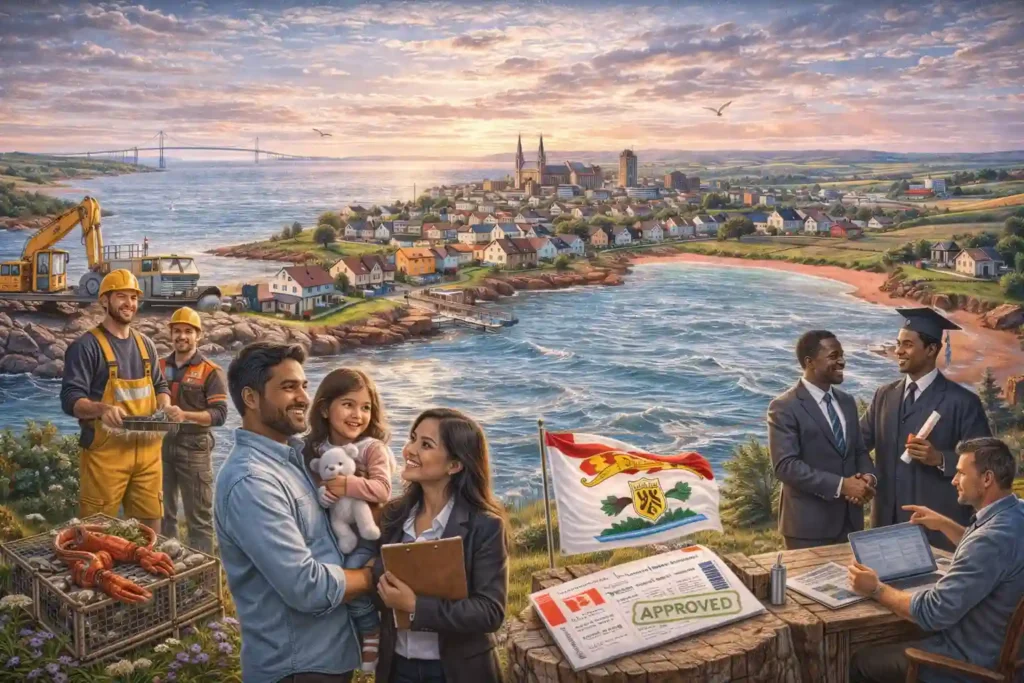 Immigration to Prince Edward Island showing families, workers, industry and nature