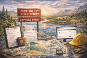 Immigration documents with landscape of Northwest Territories Canada