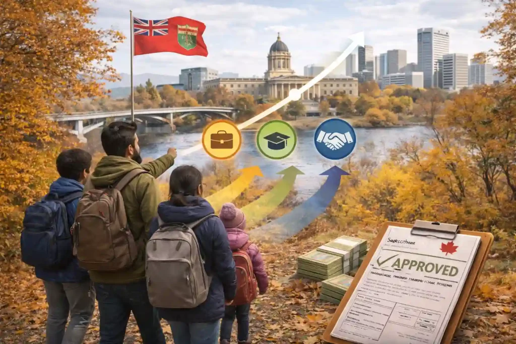 Infographic showing Manitoba Provincial Nominee Program (MPNP) pathways for skilled workers, international graduates, and business investors.