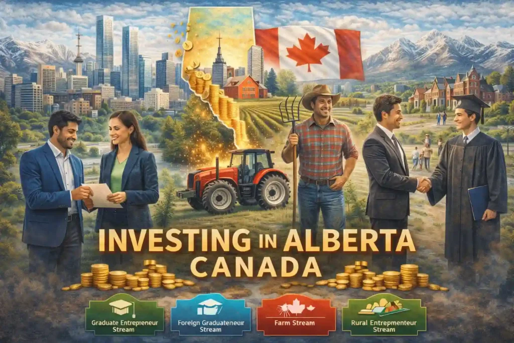 Overview of Alberta investment and entrepreneurship programs, showing engineers, farmers, and other professions under the four Alberta Advantage streams