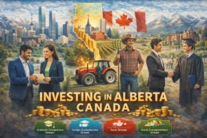 Overview of Alberta investment and entrepreneurship programs, showing engineers, farmers, and other professions under the four Alberta Advantage streams