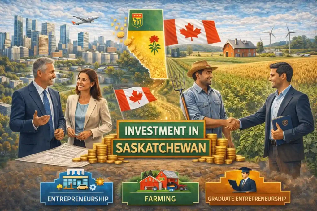 Overview of Saskatchewan investment and entrepreneurship programs, showing entrepreneurs, farmers, and business opportunities under SINP categories
