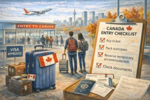 Canada arrival checklist after visa approval including documents, airport process, and settlement steps