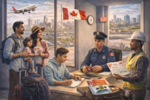 Immigration officer checking applicants’ documents for Canadian temporary visa