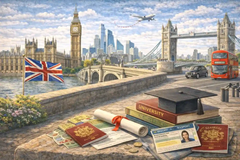 Studying in the UK for Bachelor, Master, and PhD programs with student visa, English language requirements, and financial proof